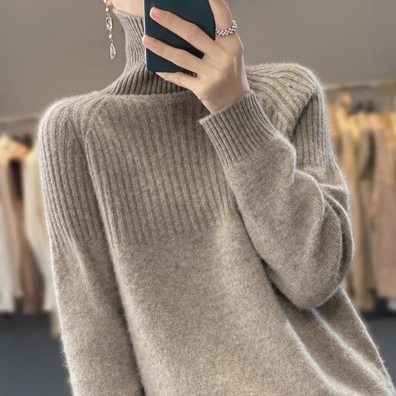Luan Women's Turtleneck Sweater – Soft Ribbed Knit Relaxed Winter Pullover