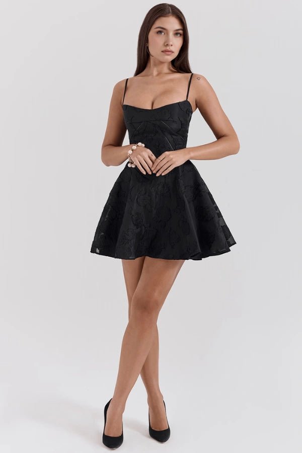 Serenita Black Dress | Floral Jacquard, Adjustable Fit for Wedding Guest and Summer Events 1