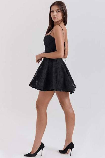 Serenita Black Dress | Floral Jacquard, Adjustable Fit for Wedding Guest and Summer Events 3