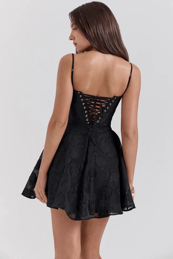 Serenita Black Dress | Floral Jacquard, Adjustable Fit for Wedding Guest and Summer Events 4