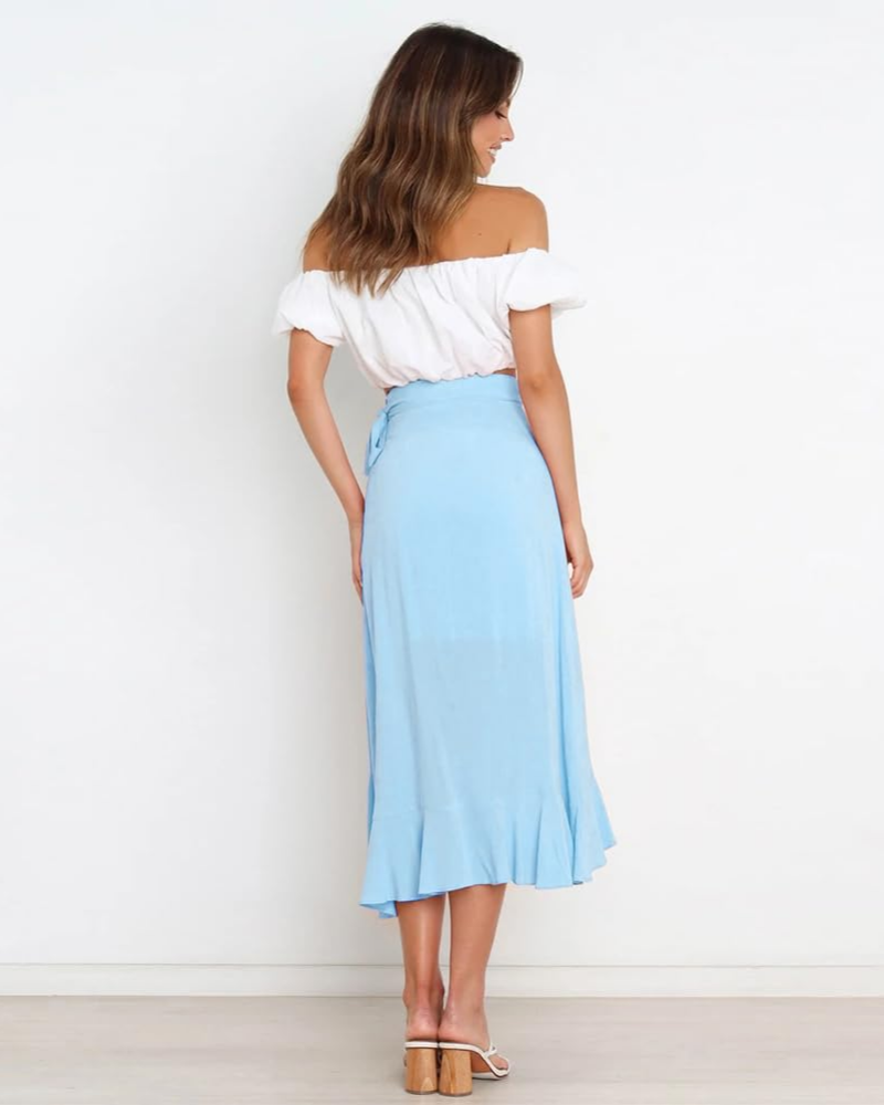 Jupe portefeuille pour femme Olivia – Jupe midi asymétrique taille haute à volants