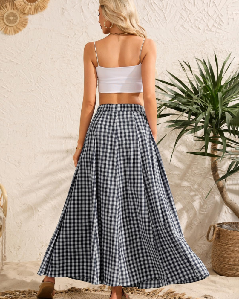 Hailey Women’s Maxi Skirt – Checked A-Line Pleated Skirt with Pockets