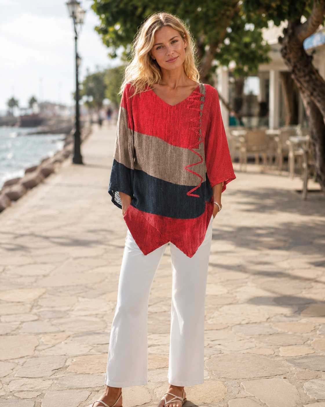 Top con cuello de pico para mujer Solange – Blusa ligera, informal y elegante con bloques de color