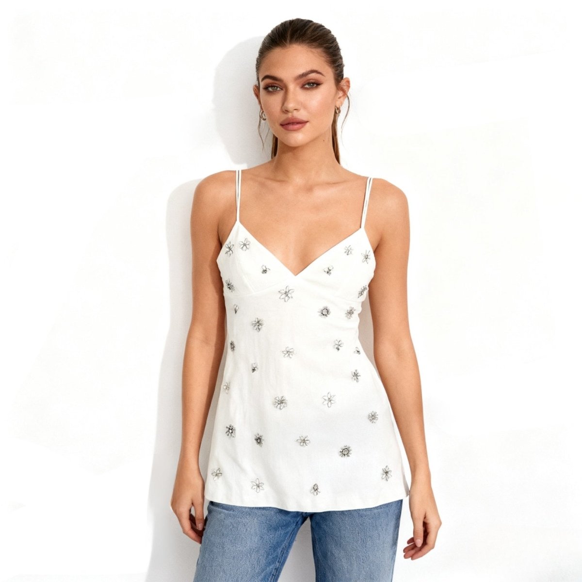 Sparklie White Tank Top | Crystal Embellished, Adjustable Straps 0