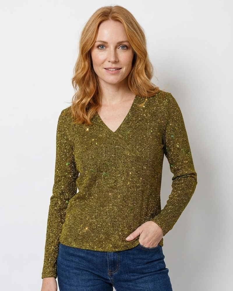Blusa de lentejuelas con cuello de pico para mujer Zane – Prenda superior ligera, informal y elegante de manga larga