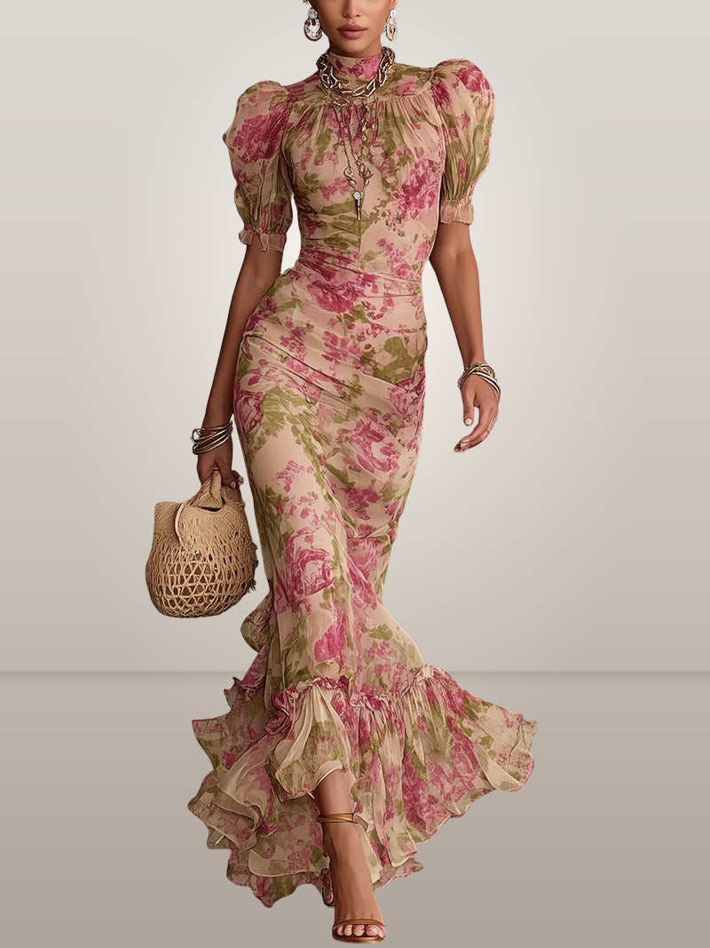 Vera Maxi Dress | Vintage Rose Print, Puff Sleeves for Summer Weddings 1