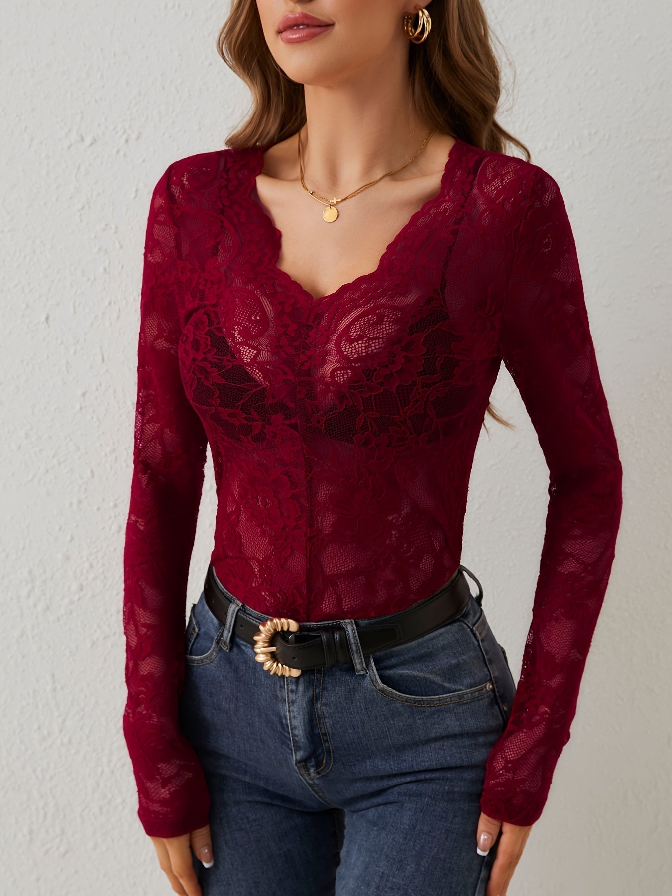 Vera Womens Top | Floral Lace Blouse, Slim Fit V-Neck, Sheer Long Sleeves 0