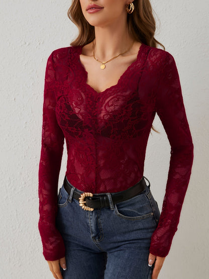 Vera Womens Top | Floral Lace Blouse, Slim Fit V-Neck, Sheer Long Sleeves 0