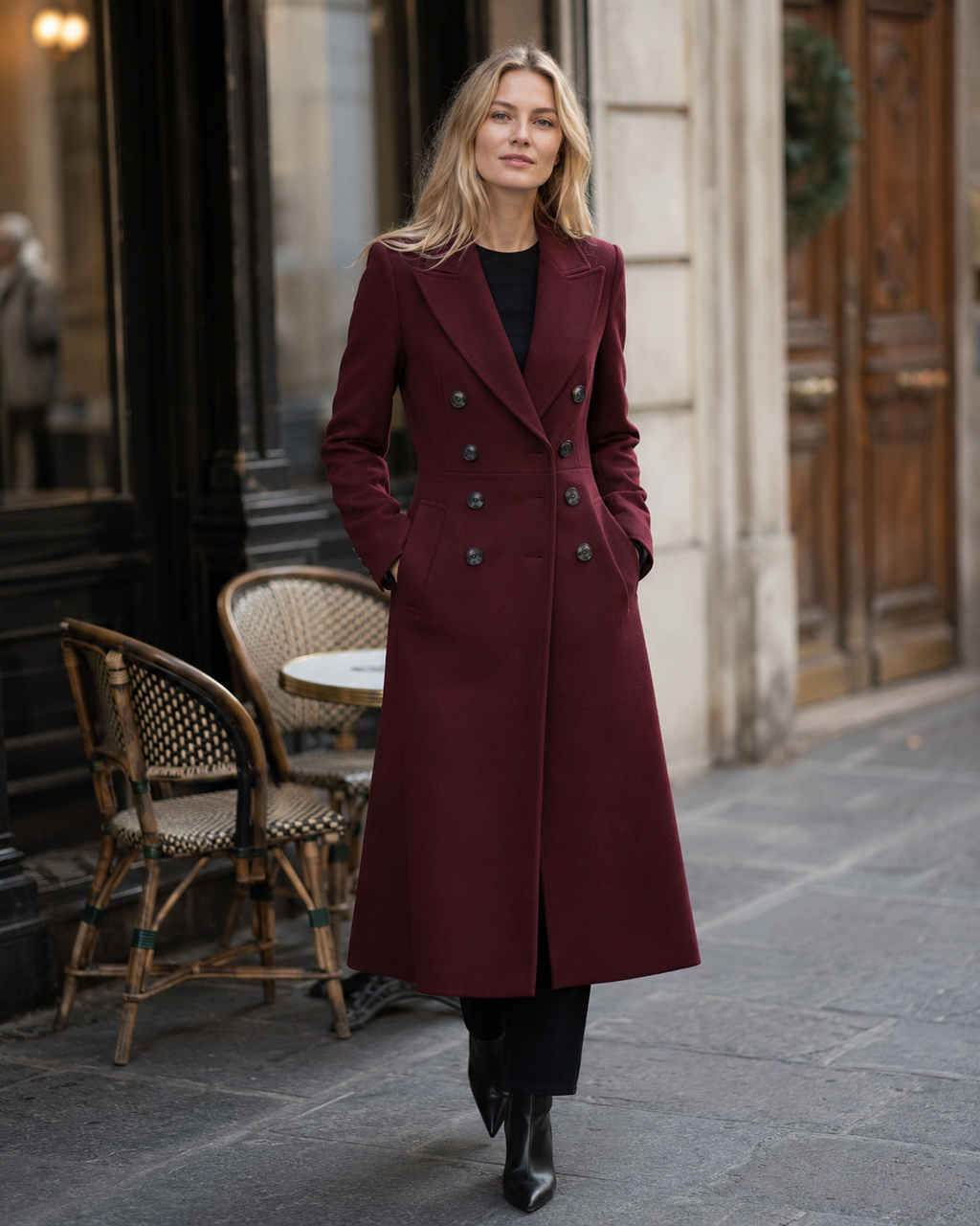 Vian Women's Long Wool Blend Coat – Burgundy Double-Breasted Winter Coat