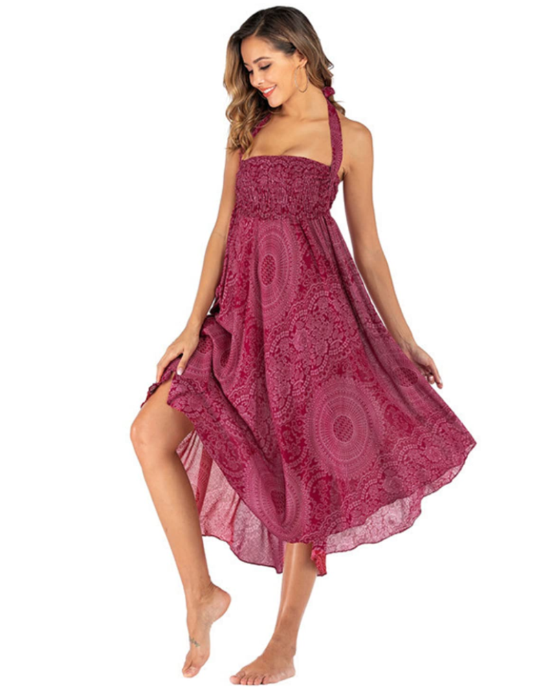 Abito da donna boho da annodare Violet – Abito lungo floreale 2-in-1 e copricostume da spiaggia