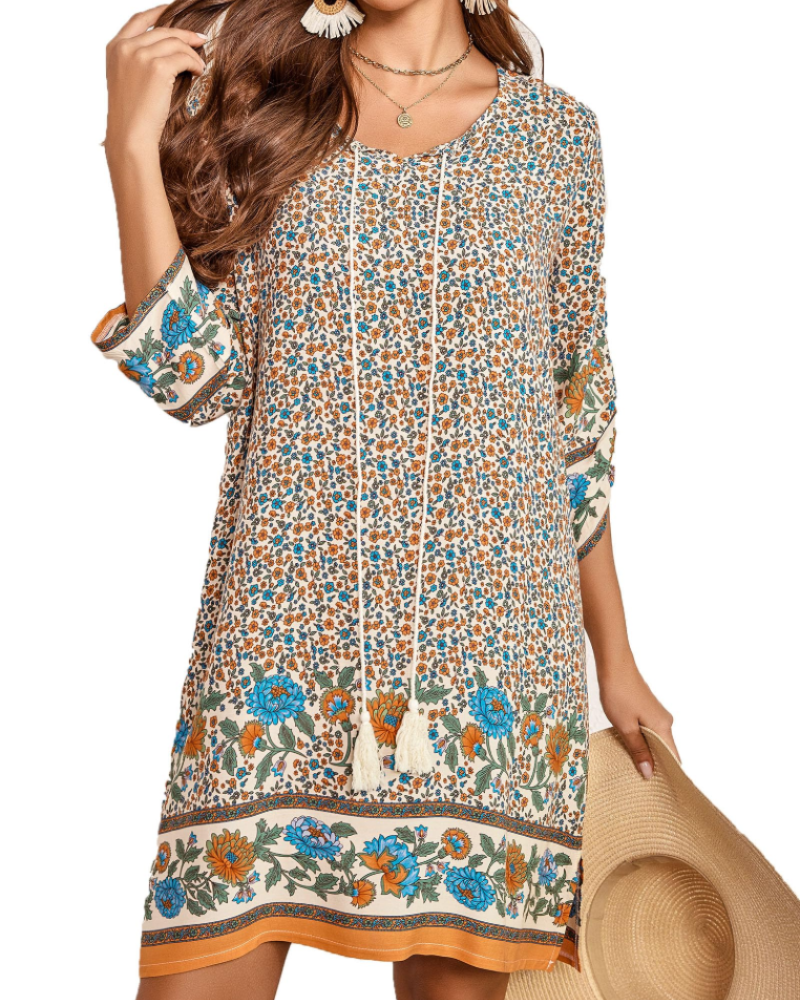 Sophie Women's Boho Tunic Dress – 3/4 Sleeve V-Neck Knee-Length Summer Dress