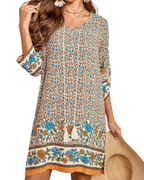 Sophie Women's Boho Tunic Dress – 3/4 Sleeve V-Neck Knee-Length Summer Dress