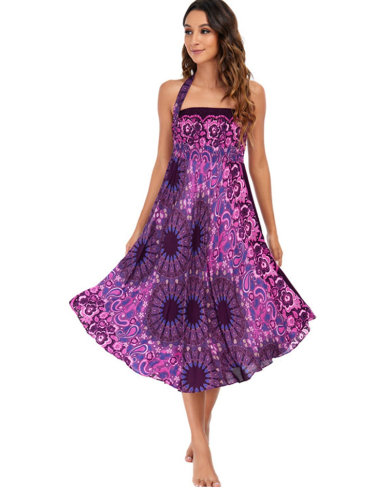 Abito da donna boho da annodare Violet – Abito lungo floreale 2-in-1 e copricostume da spiaggia