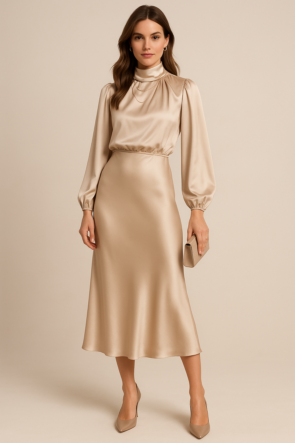 Wina Midi Dress | Elegant High Neck, Long Sleeve Evening Dress for Women 0