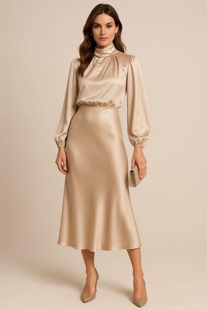 Wina Midi Dress | Elegant High Neck, Long Sleeve Evening Dress for Women 0