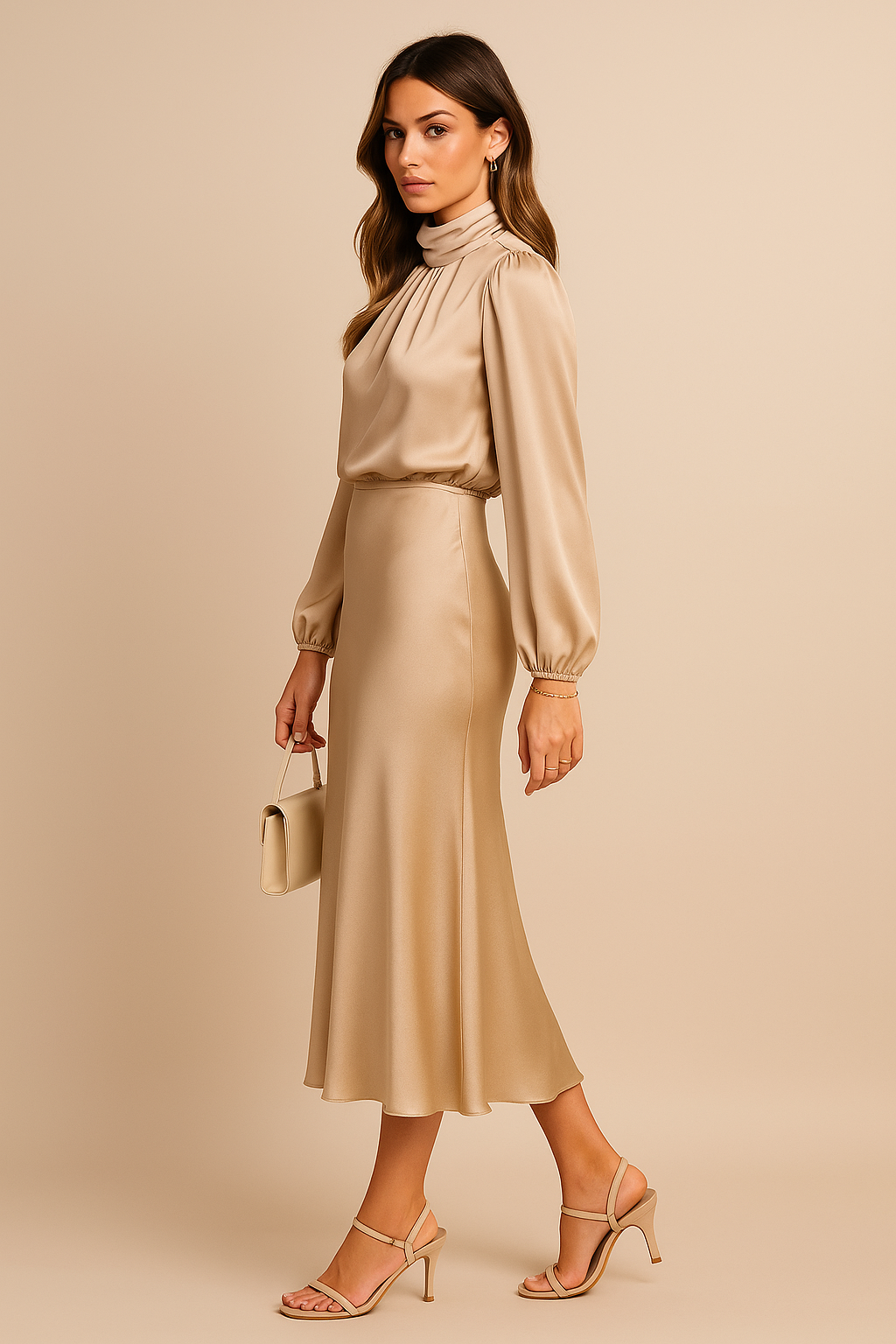 Wina Midi Dress | Elegant High Neck, Long Sleeve Evening Dress for Women 1