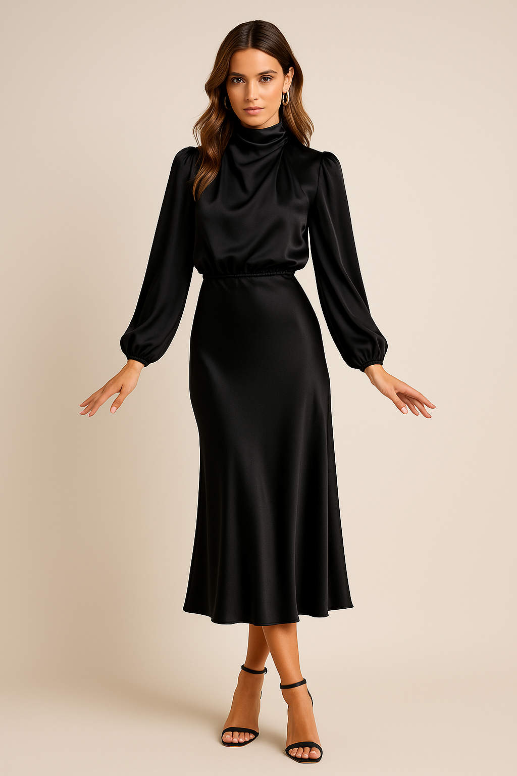 Wina Midi Dress | Elegant High Neck, Long Sleeve Evening Dress for Women 2