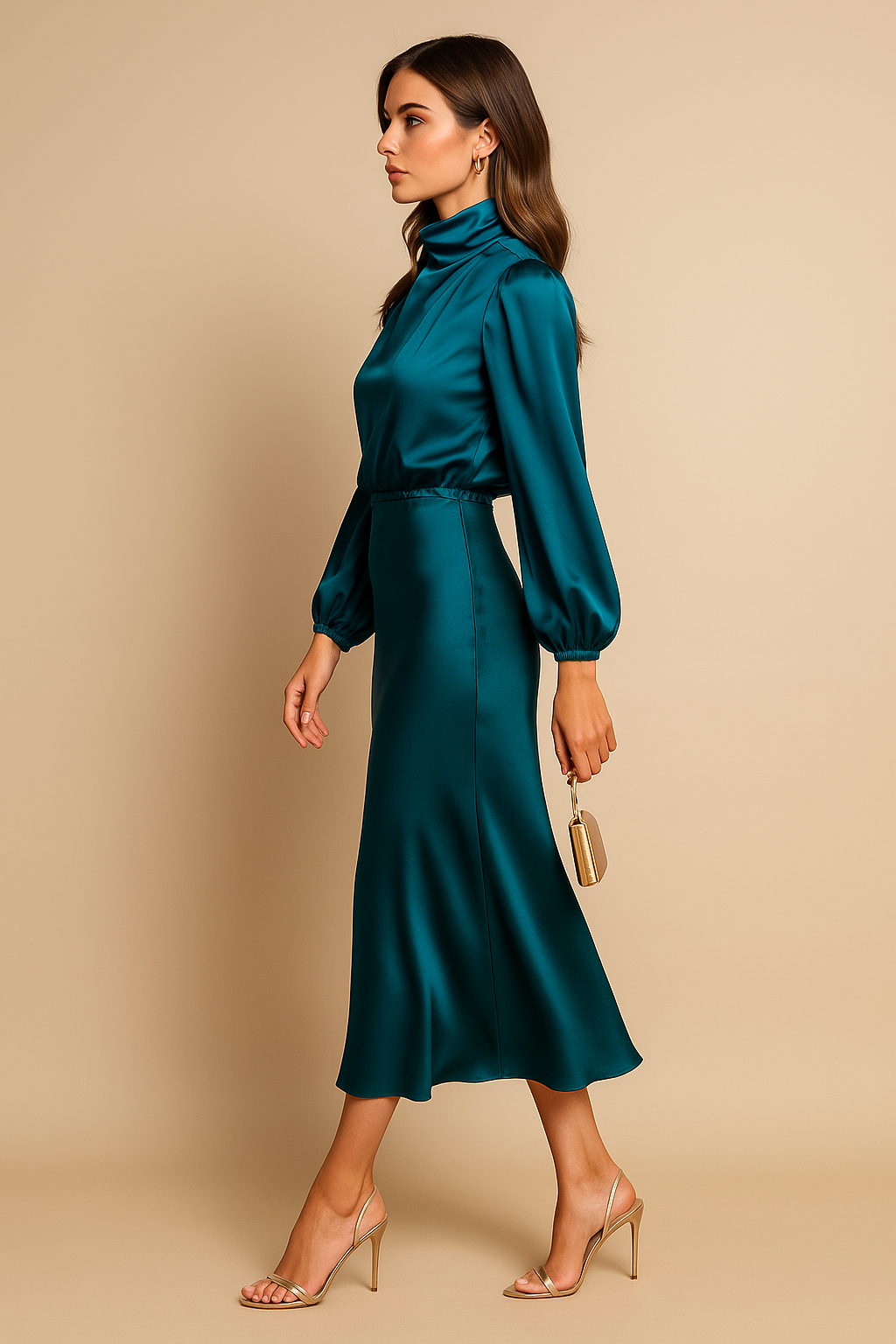 Wina Midi Dress | Elegant High Neck, Long Sleeve Evening Dress for Women 4