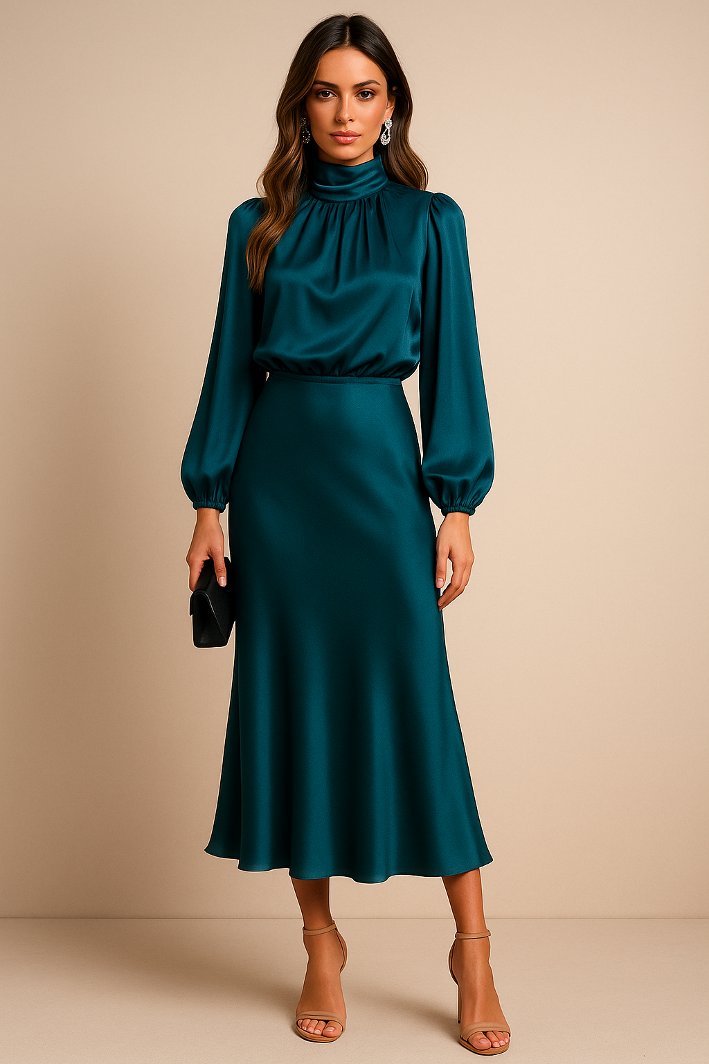 Wina Midi Dress | Elegant High Neck, Long Sleeve Evening Dress for Women 5
