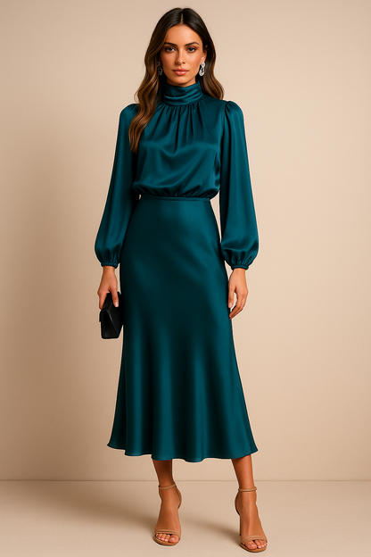 Wina Midi Dress | Elegant High Neck, Long Sleeve Evening Dress for Women 5
