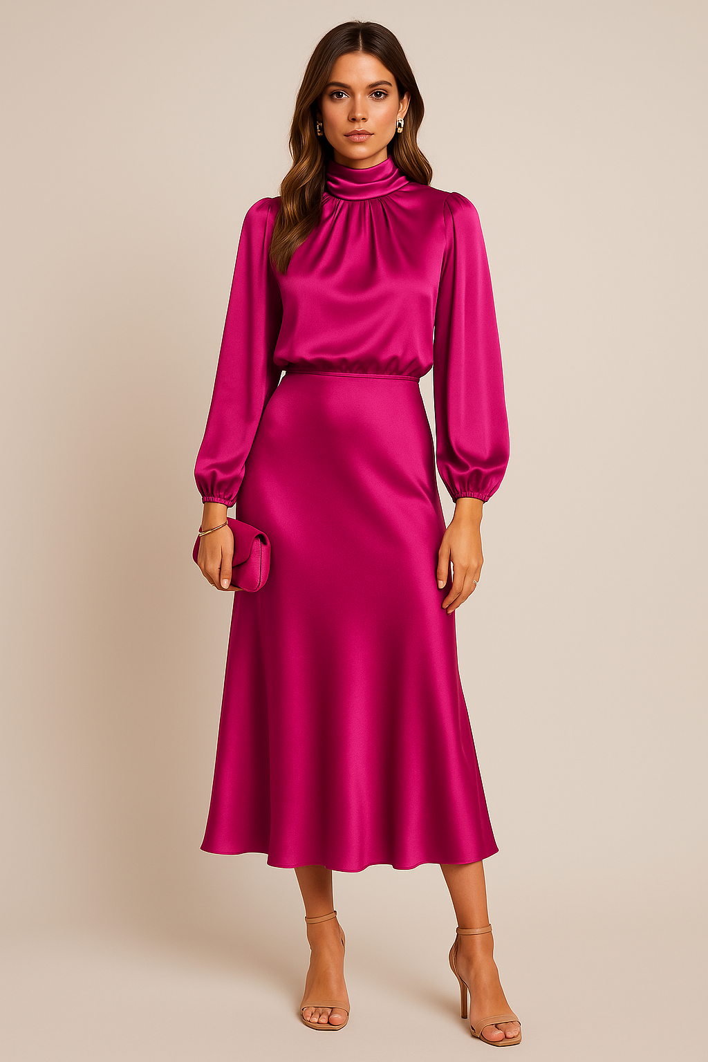 Wina Midi Dress | Elegant High Neck, Long Sleeve Evening Dress for Women 6