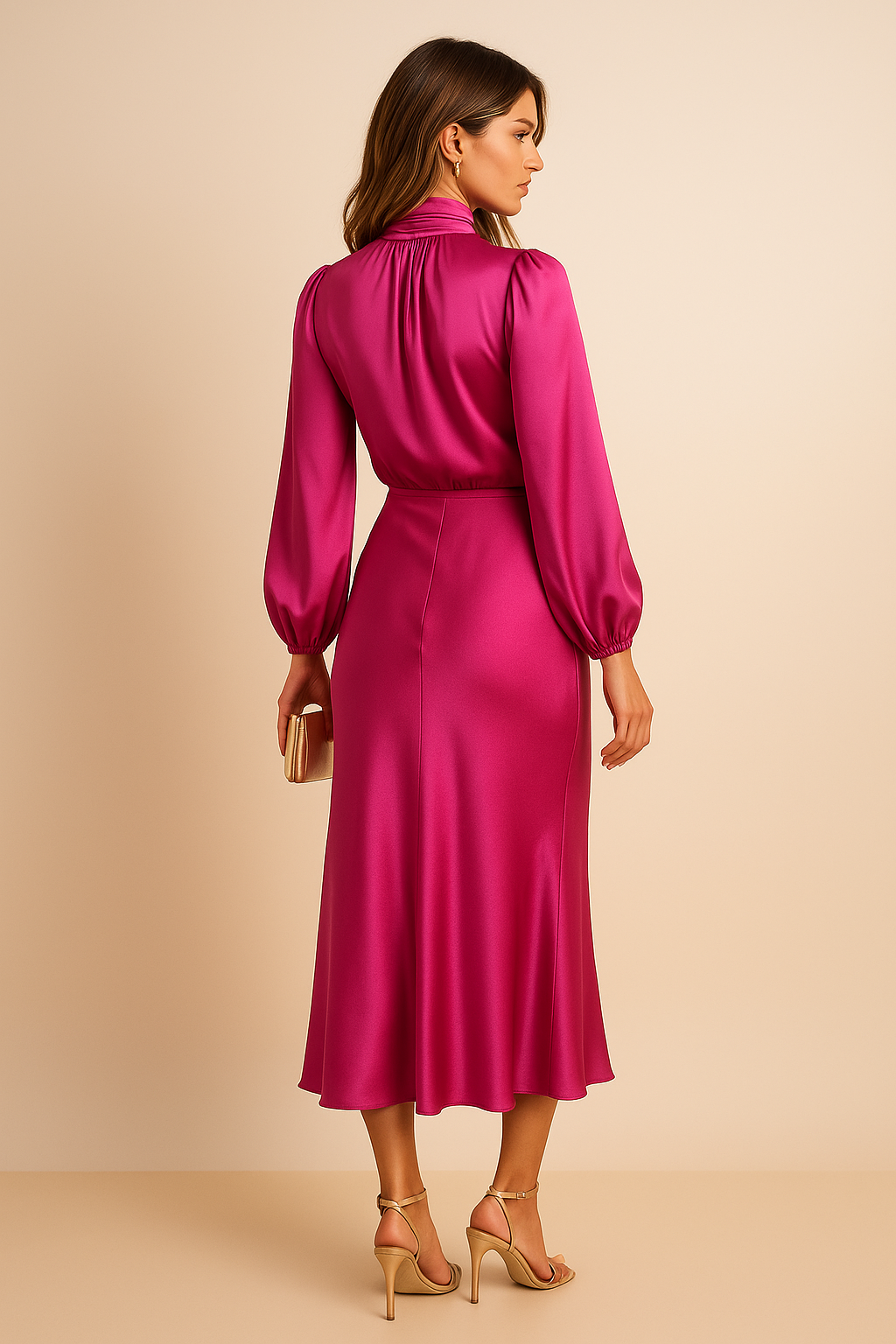 Wina Midi Dress | Elegant High Neck, Long Sleeve Evening Dress for Women 7