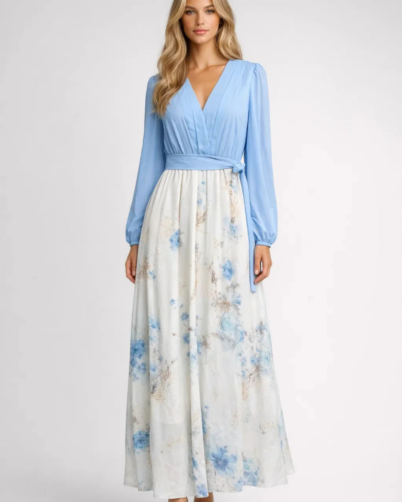 Vestido largo para mujer Isadora – Vestido azul claro con estampado floral, escote en V y mangas semitransparentes