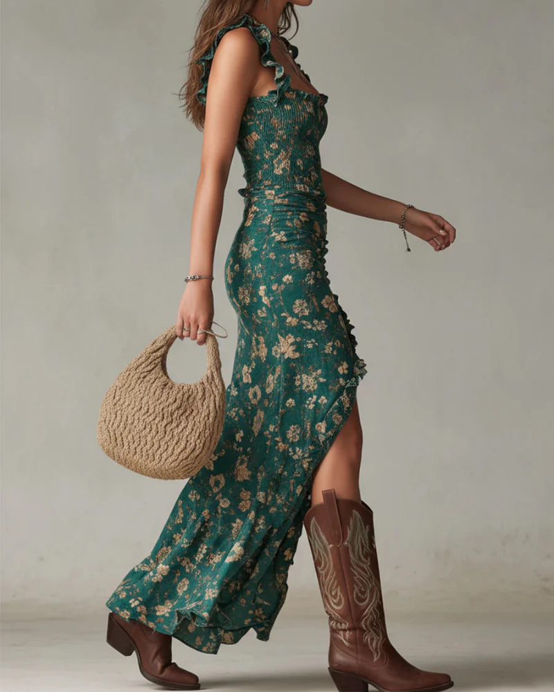 Abito lungo boho da donna Arabella – Abito svasato da infilare con ampio spacco laterale