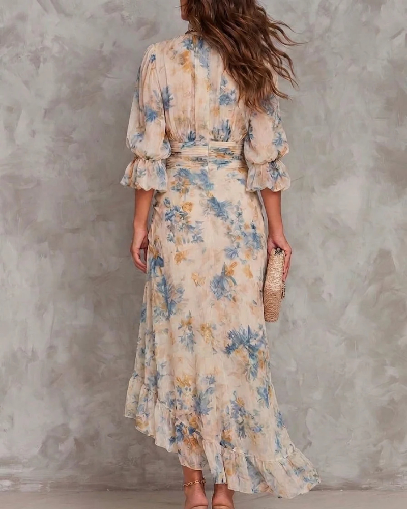 Vestido maxi para mujer Elodie – Vestido floral vintage fruncido con falda de volantes