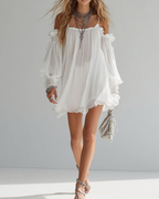 Vestido corto de mujer Daphne – vestido bohemio de gasa, con hombros descubiertos y corte fluido