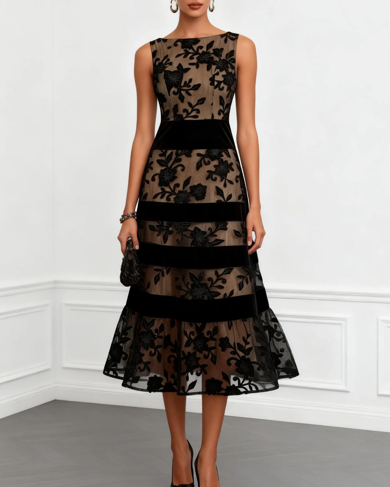 Abito da cocktail da donna Evangeline – Abito midi svasato con fiori 3D e scollo a barca