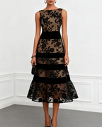 Abito da cocktail da donna Evangeline – Abito midi svasato con fiori 3D e scollo a barca