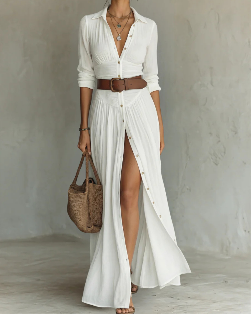 Robe longue en coton pour femmes Helena – Robe plissée à manches longues et col en V