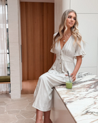 Maxivestido para mujer Madison – Vestido veraniego beige, fluido, con escote en V y botones
