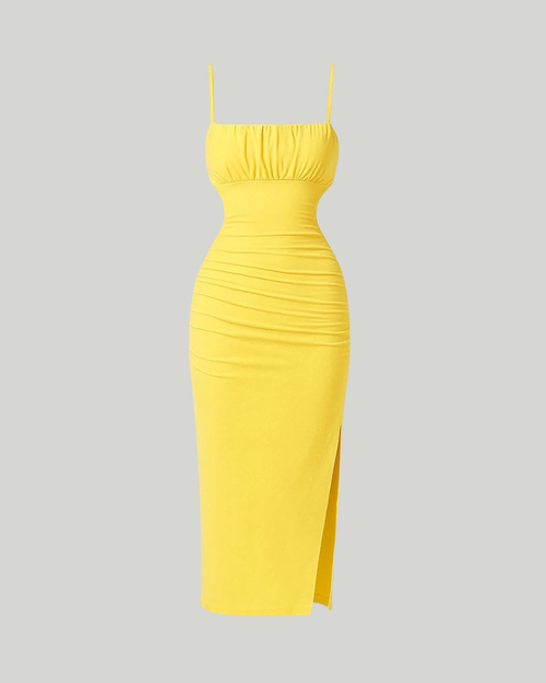 Vestido midi para mujer Bianca – Vestido amarillo ceñido y elástico con detalles plisados