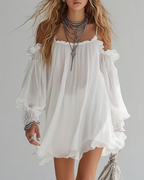 Vestido corto de mujer Daphne – vestido bohemio de gasa, con hombros descubiertos y corte fluido