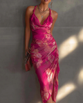 Abito floreale da donna Celeste – Abito aderente color fucsia con arricciature e scollo drappeggiato