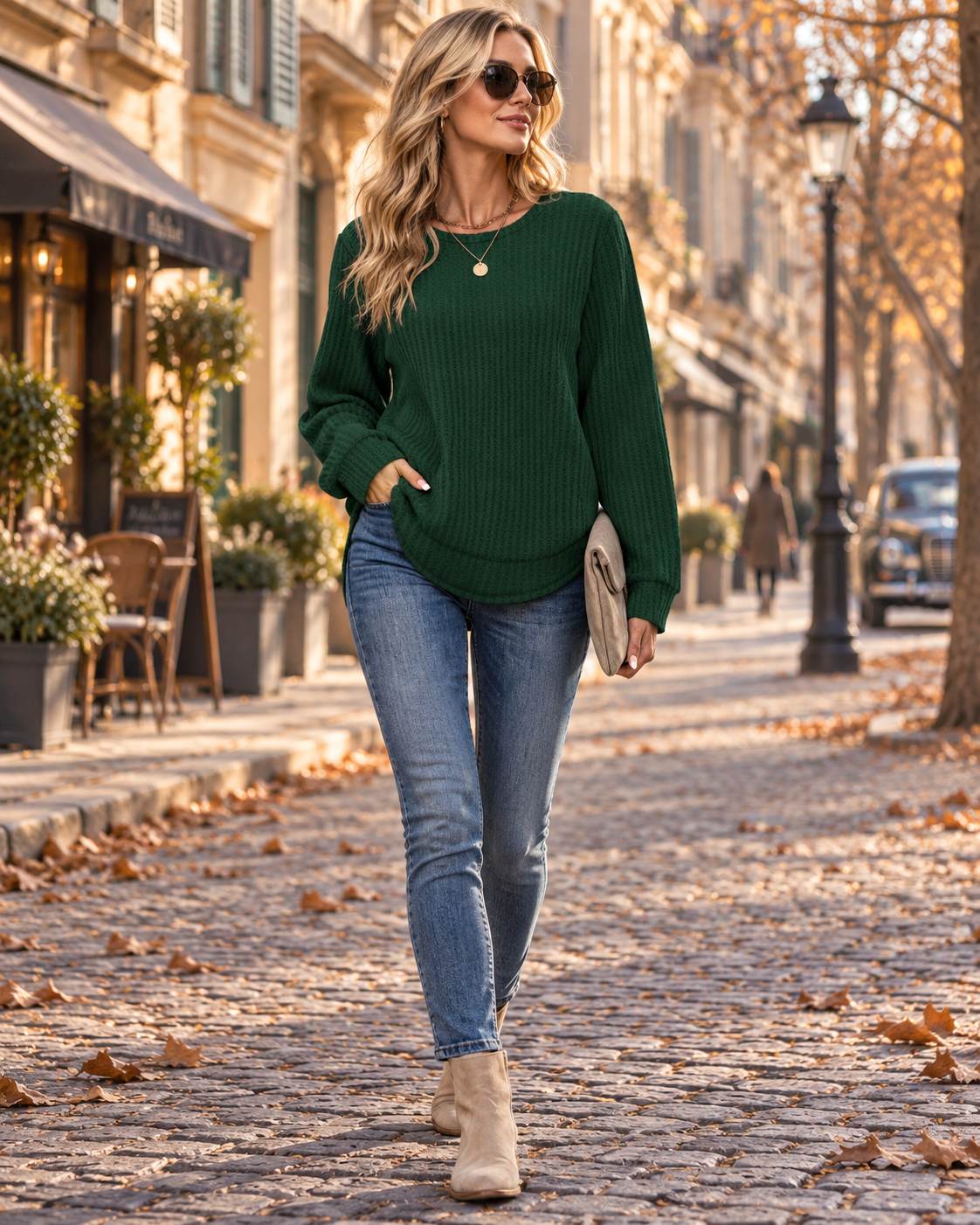 Melinda Women’s Waffle Knit Top – Crew Neck Long Sleeve Relaxed Fit Curved Hem Casual Shirt