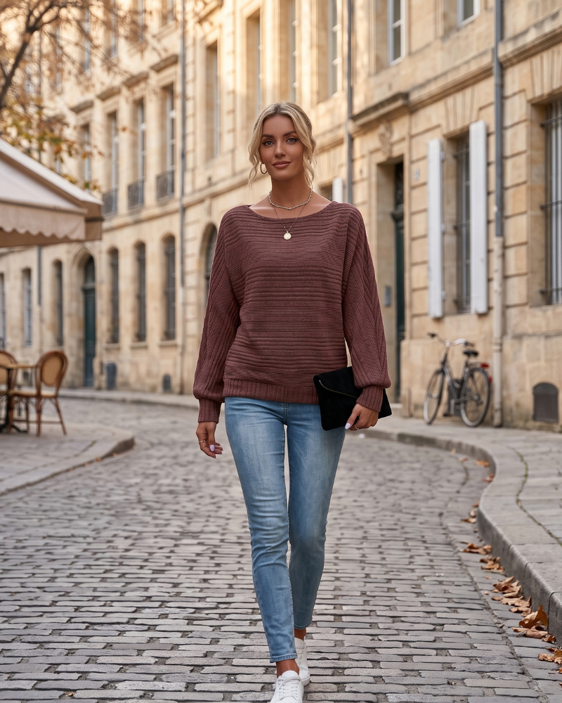 Fiora Women’s Textured Sweater – Batwing Long Sleeve Crew Neck Relaxed Fit Pullover