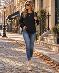 Haut en maille gaufrée pour femme Melinda – chemise décontractée à coupe ample, col rond, manches longues et ourlet arrondi