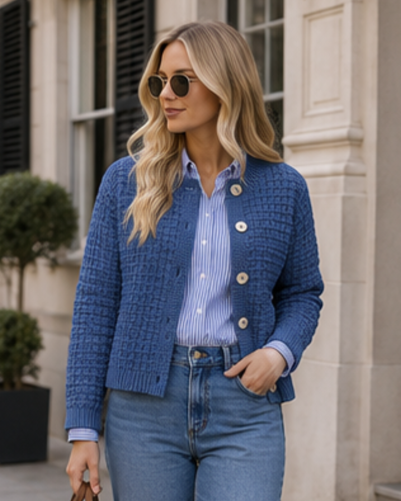Wren Women’s Cotton Cardigan – Textured Knit Button Front Crew Neck Long Sleeve Sweater