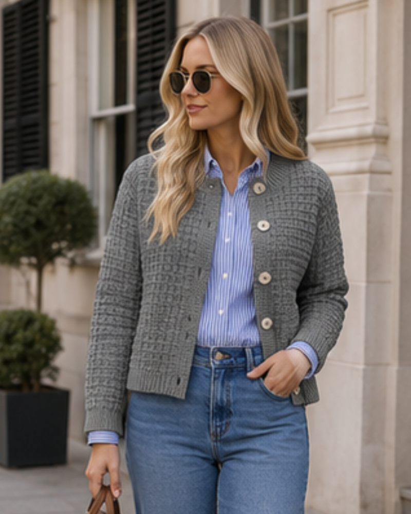 Wren Women’s Cotton Cardigan – Textured Knit Button Front Crew Neck Long Sleeve Sweater