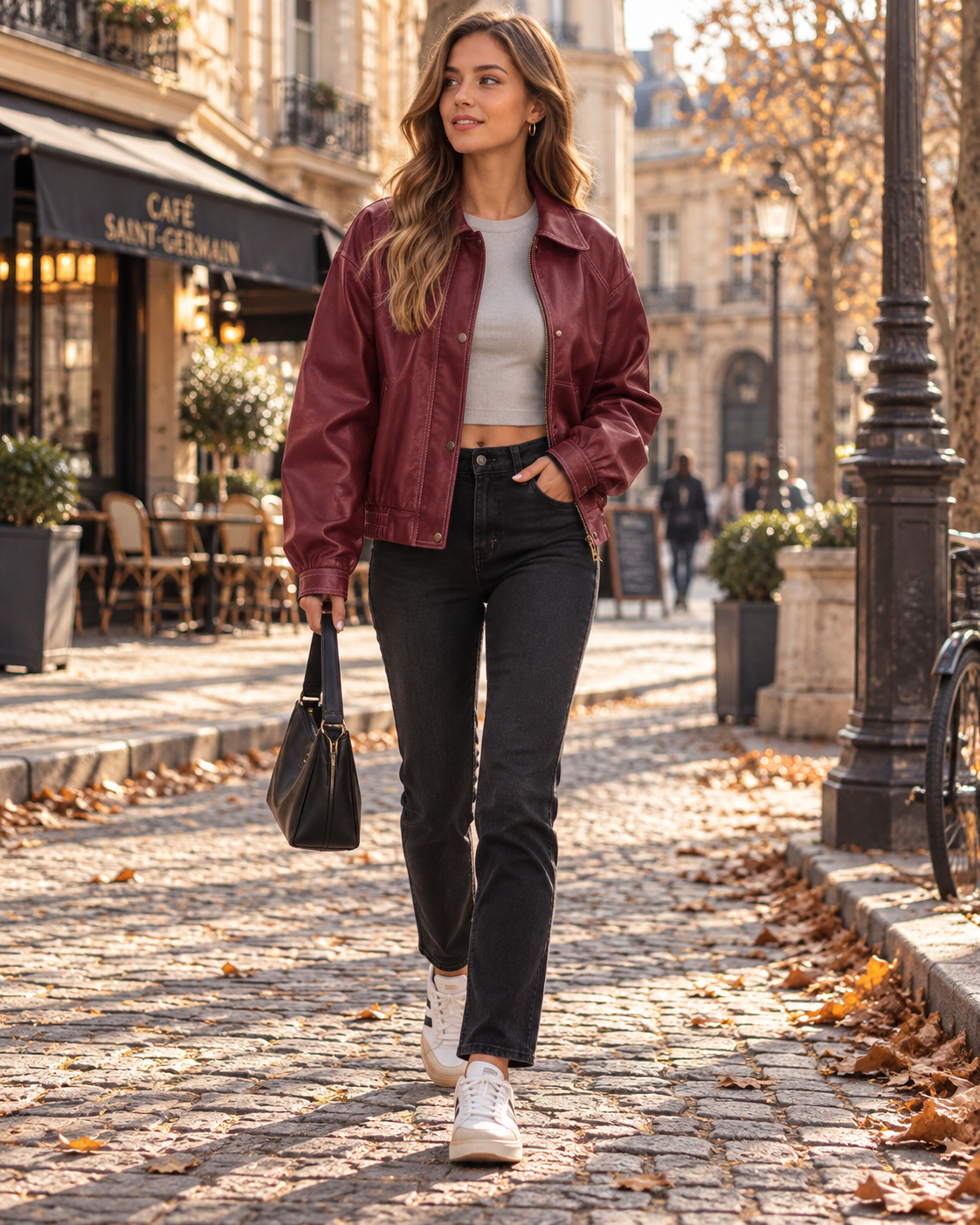 Josephine Women’s Faux Leather Jacket – Oversized Zip Up Snap Button Long Sleeve Coat with Pockets