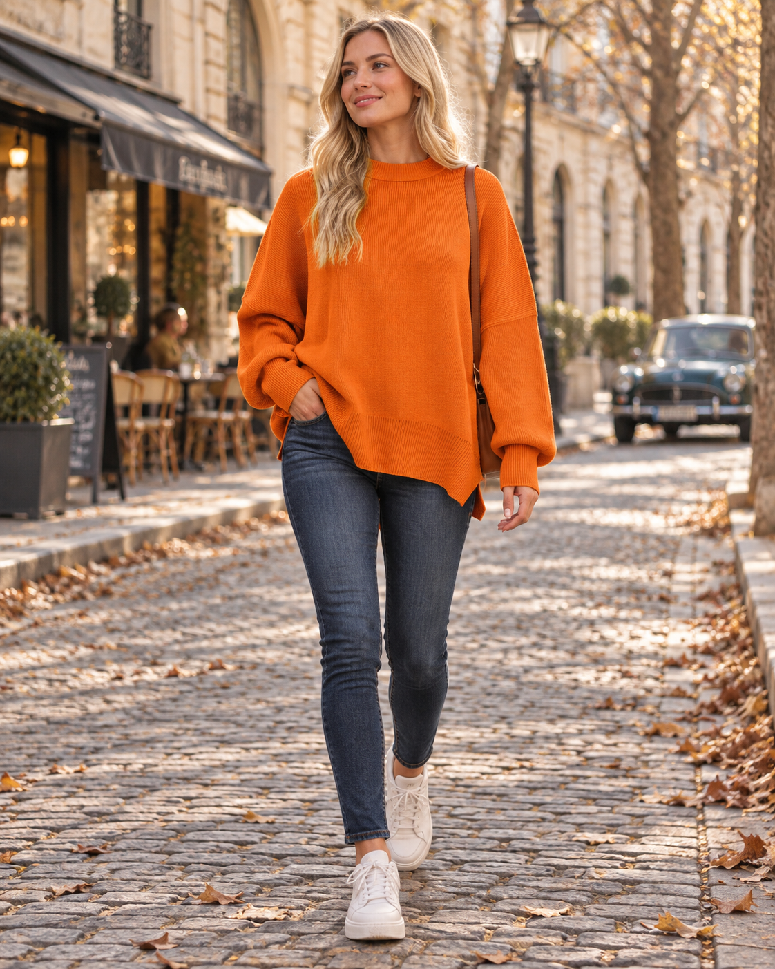Damski oversize’owy sweter Calisha – ze stójką, długimi rękawami, rozcięciami po bokach, miękki, elastyczny