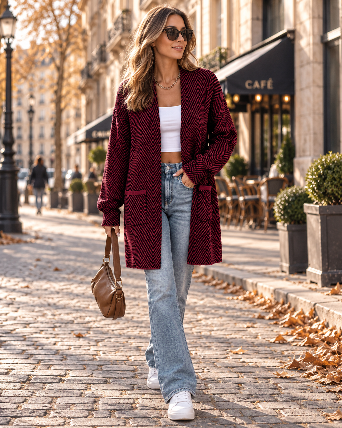 Cardigan lungo da donna Maribel – maglione a maniche lunghe dalla vestibilità comoda, con apertura frontale a motivo chevron e tasche