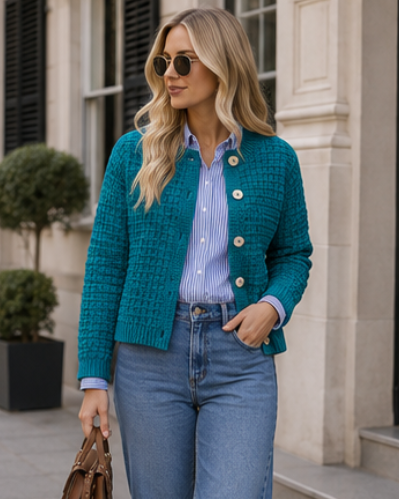 Wren Women’s Cotton Cardigan – Textured Knit Button Front Crew Neck Long Sleeve Sweater