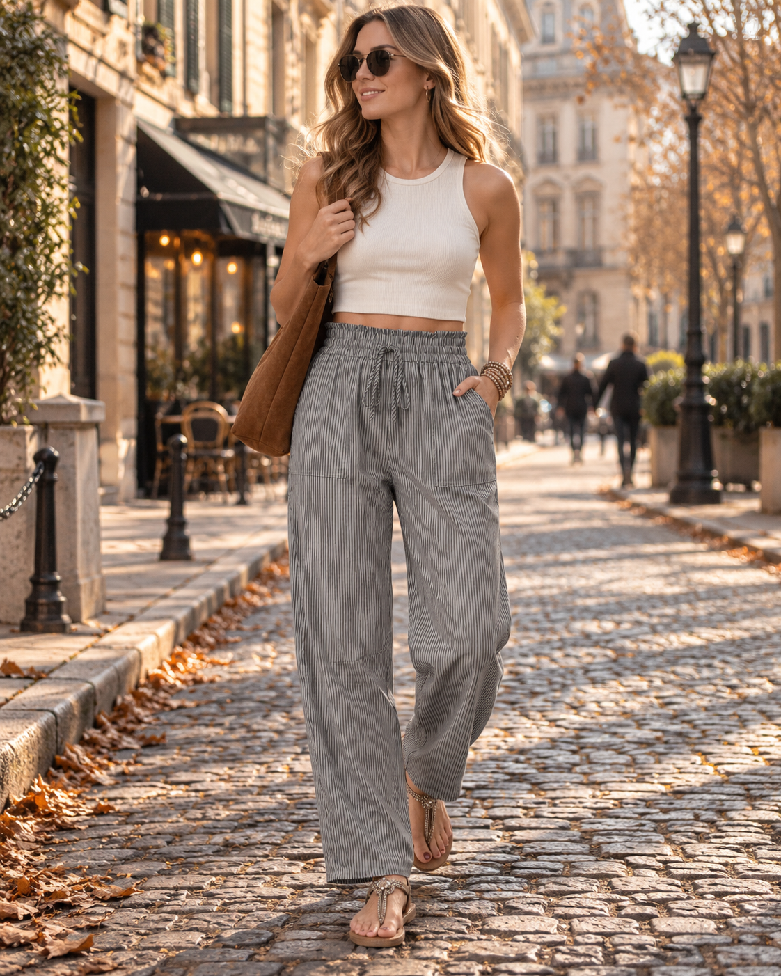 Pantalon rayé à jambes larges pour femme Shannon – Taille haute, cordon de serrage, coupe décontractée, poches