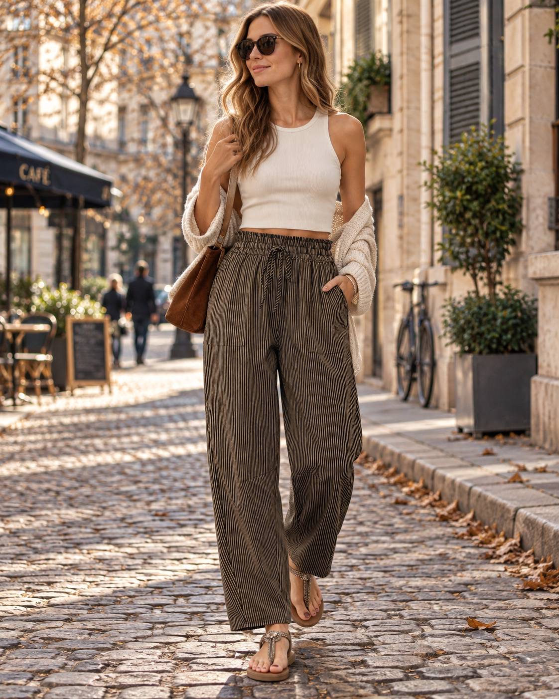 Pantalon rayé à jambes larges pour femme Shannon – Taille haute, cordon de serrage, coupe décontractée, poches