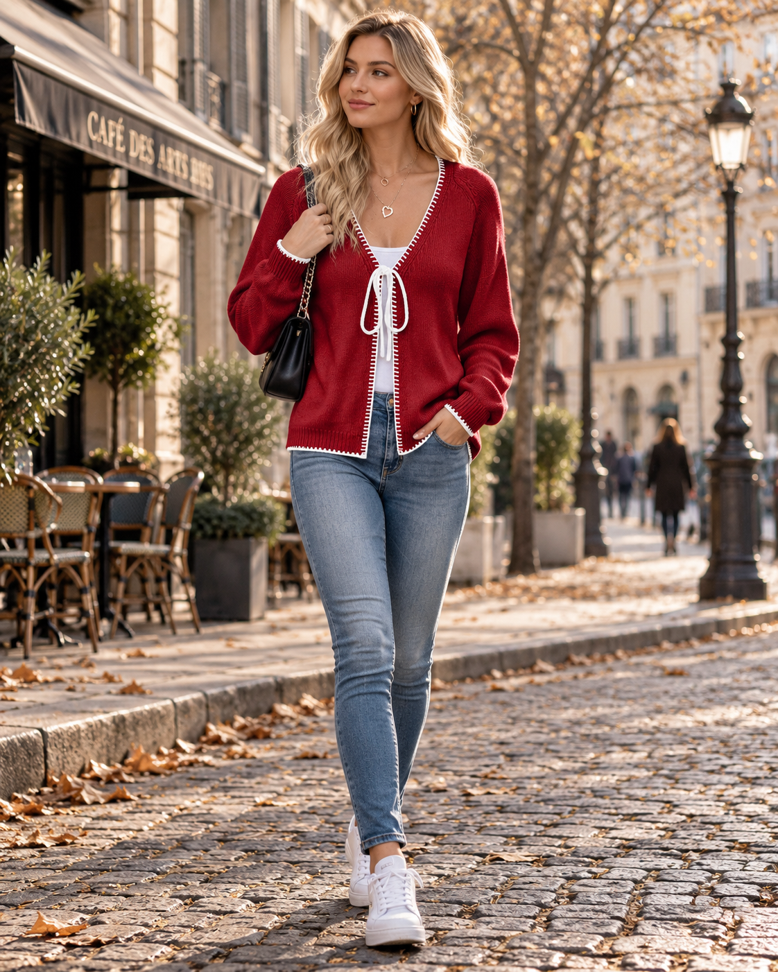 Solenne Women’s Tie Front Cardigan – Contrast Trim Long Sleeve Relaxed Lightweight Knit Sweater