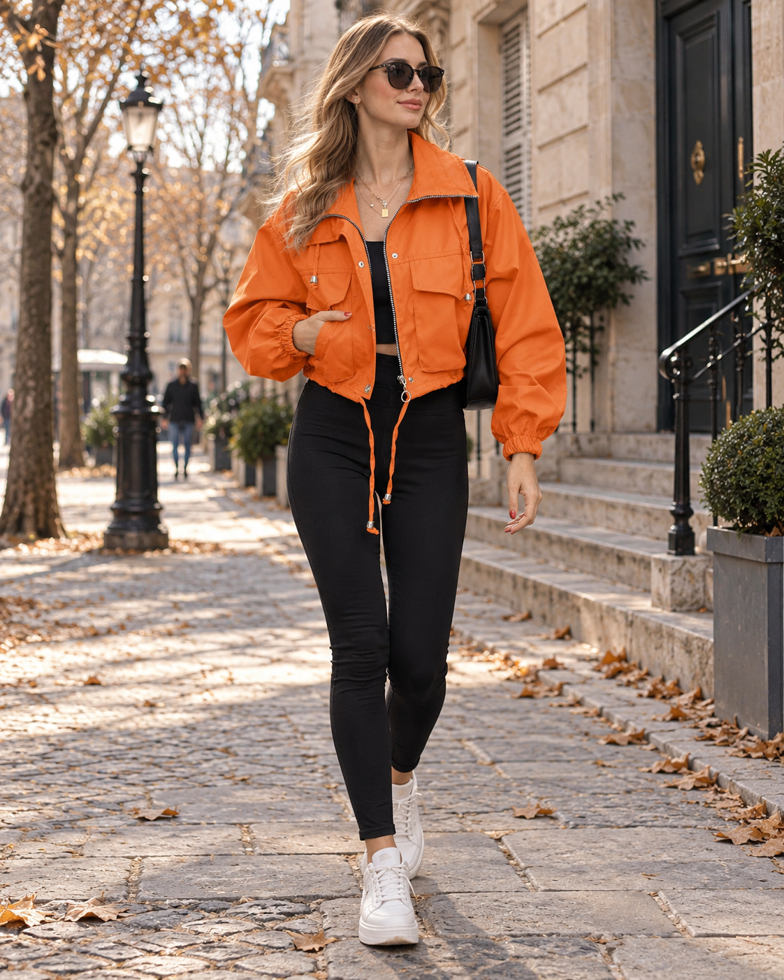 Marina Women’s Cropped Utility Jacket – Oversized Zip Front Drawstring Hem Coat with Pockets